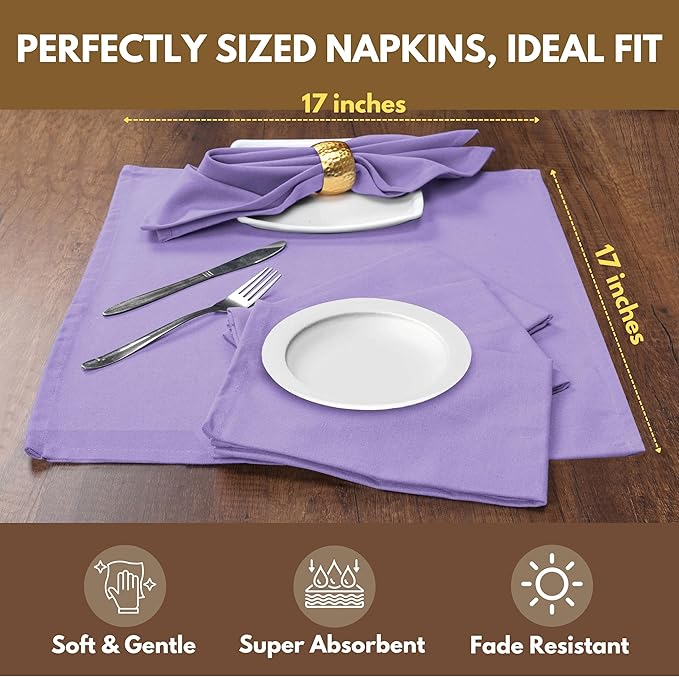 Native Fab Cotton Table Napkins, 4 Pack, 17x17 Inches, Hotel Quality, Durable, Washable Fabric, Ideal for Easter Sunday, Holiday Dinner, Cocktail Parties, Catering, Family Gatherings, Lavender