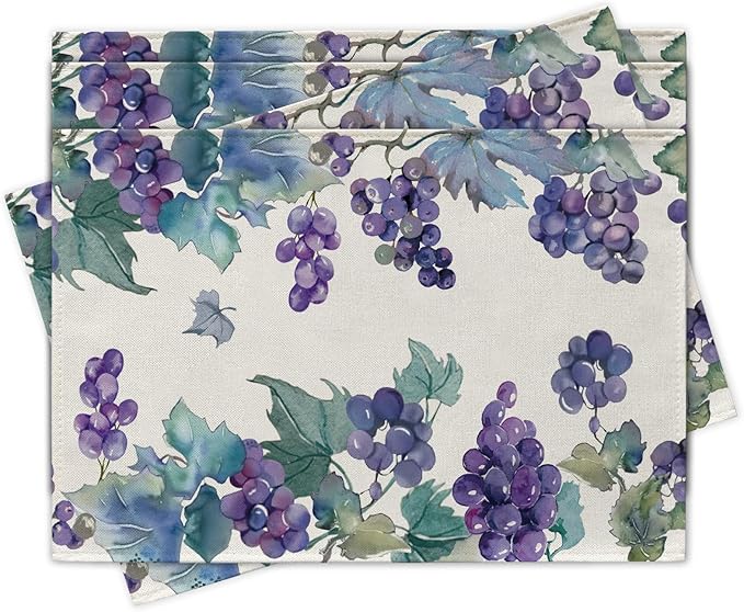 Watercolor Grapes Placemats Set of 4, Spring Summer Sweet Fruit Dining Table Place Mats, Farmhouse Kitchen Decor Home Decoration 12 x 18 Inches