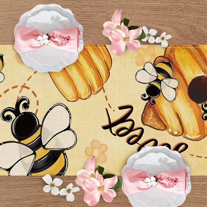 Spring Summer Bumble Bee Honeycomb Table Runner, Yellow Sweet Beehive Kitchen Dining Table Decoration, Seasonal Flower Burlap Indoor Outdoor Home Decor Party Supply 13 x 72 Inches