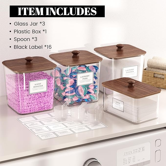 Laundry Pods Storage Container, Clear Laundry Room Organization and Storage,Detergent Powder Container,with Wooden Lids & Labels, 3+1 Pack（Dark Brown）