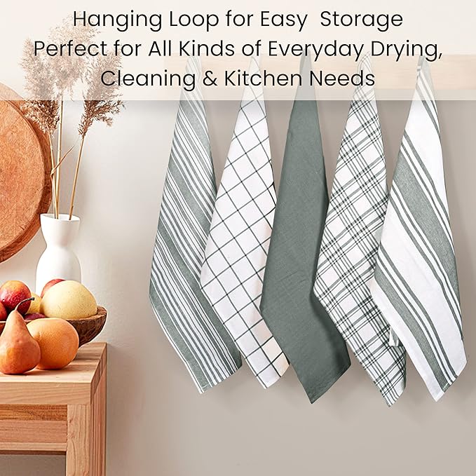 Cotton Clinic Assorted Kitchen Towels 5 Pack – Soft Absorbent Quick Drying Table & Kitchen Linen - Dish Towels, Dish Cloths, Tea Towels and Cleaning Towels with Hanging Loop – 16x28 / Grey White