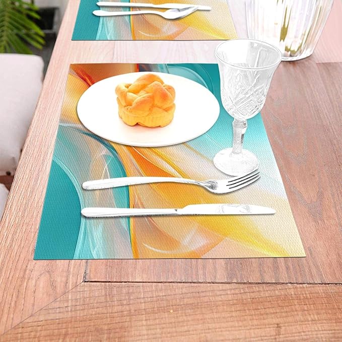 Teal and Orange Abstract Wave Linen Placemats Set of 4, 12 x 18 Inch Washable Non-Slip Heat-Resistant Kitchen Table Mats for Dining Table Outdoor Holiday Wedding Party Farmhouse, Kitchen Home Decor