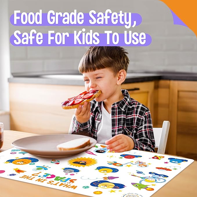 6 Pack Placemats for Kids, Non-Slip Washable, Reusable Placemat - Dinosaur, Farm/Wild/Marine Animals, Construction Site, Universe, Educational Placemats for Home, Kindergarten, Classroom, Nursery