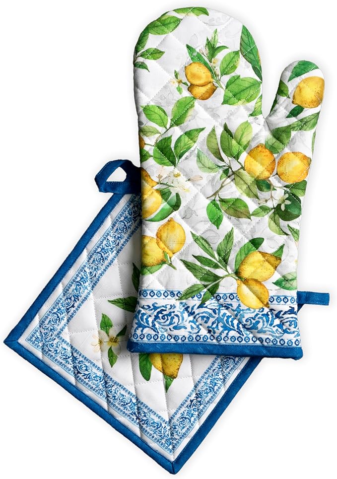 Maison d' Hermine 100% Cotton Oven Mitt & Pot Holder Set (7.5"x13" & 8"x8") Heat Resistant BBQ Cooking Gloves with Loop Baking Grilling Kitchen Gifts for Mothers Day Spring/Summer (Cedrat)