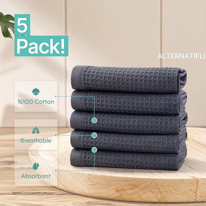 Kitchen Towels and Dishcloths Sets, 14 X 14 Inches, Absorbent Dish Towels for Kitchen, Microfiber Cleaning Cloth, Dish Cloths for Washing Dishes, Waffle Kitchen Towels (Dark Gray, 14" x 14")
