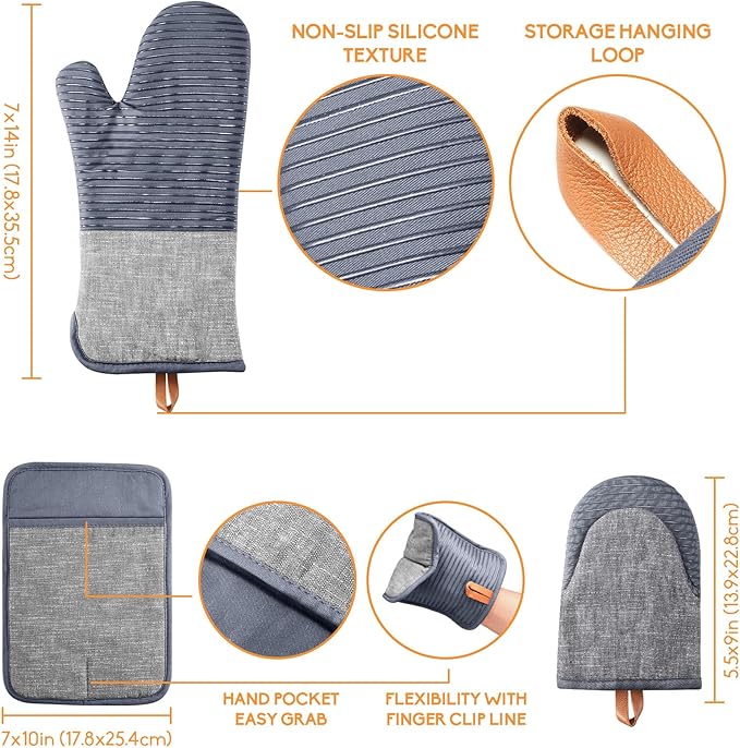 TIPTAP Kitchen Oven Mitts 4pcs Set- Non-Slip Cotton Oven Mitt & Pot Holders – Heat Resistant, Durable & Machine-Washable -One Long Mit, Two Mini Oven Mitts & One Pot Holder (Gray)