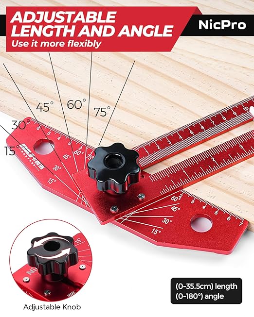 Nicpro Woodworking Scriber Marking Line Ruler, Adjustable Aluminum Alloy Sliding T-Square Ruler with Carpenter Pencil, Angle Adjustment Scale, Precision Line Drawing aid Ruler Tools for Woodworking