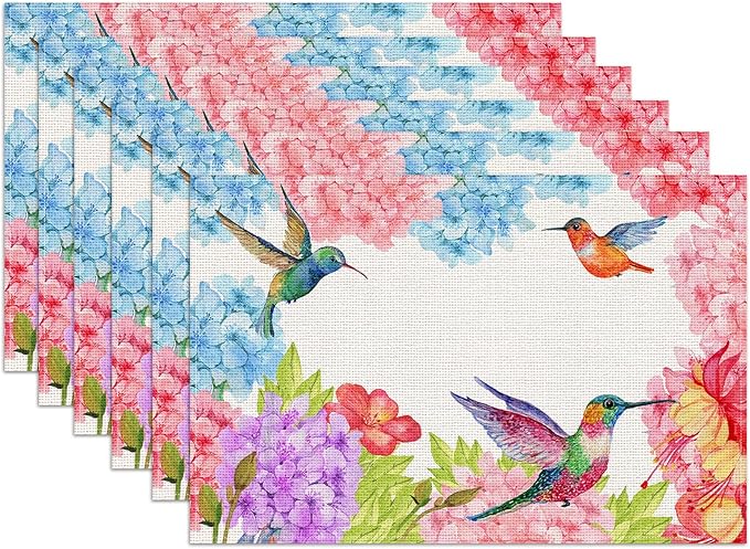 Flowers and Humming Birds Placemats Set of 6,12x18 Inch Spring Floral Linen Place Mat Washable Stain Resistant Table Mats for Seasonal Farmhouse Kitchen Party Home Decor