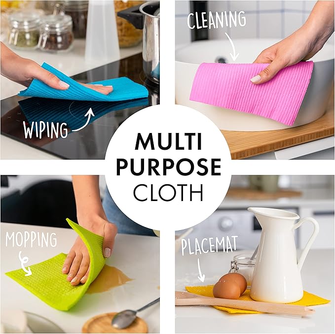 SUPERSCANDI 10 Pack Reusable Cleaning Cloths - 100% Biodegradable & Compostable | Washable Swedish Dishcloth - Food-Safe & Plastic-Free | Kitchen Cloth Suitable for Any Surface, Pink Green Blue