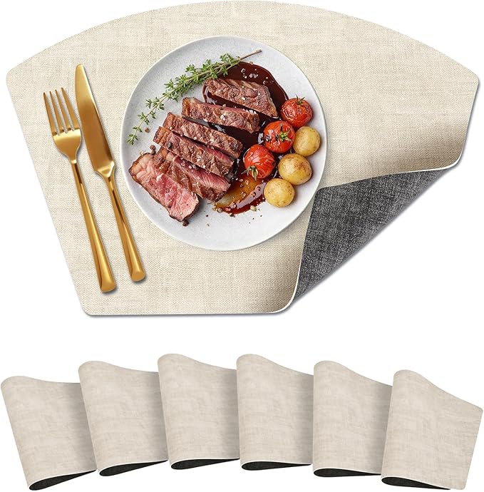 Round Table Placemats Set of 6, Dual-Sided Wedge Shape Faux Leather Table Mats, Washable Wipeable Heat Resistant Place Mats for Outdoor Indoor, Beige Gray
