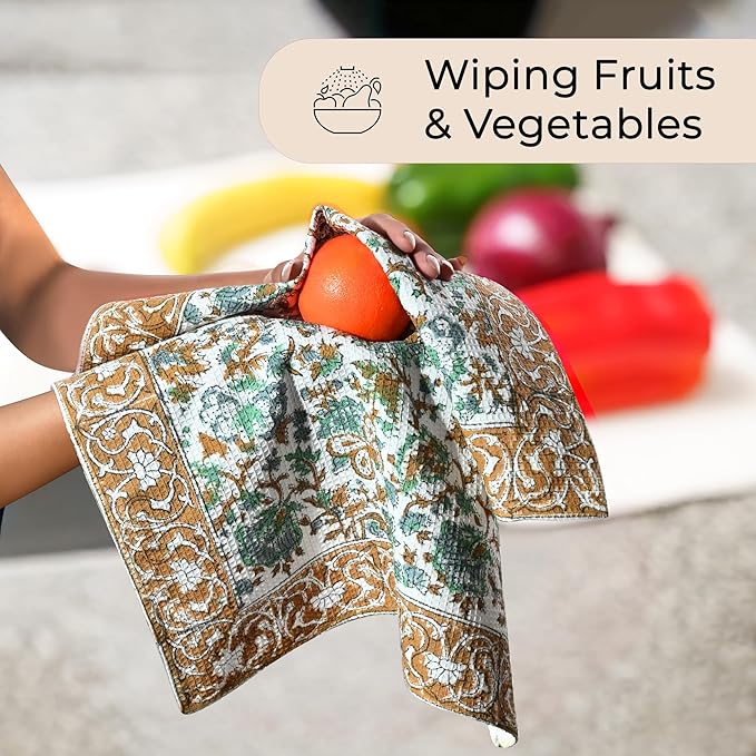 CPC Harvest Bloom Hand Block Print Waffle Kitchen Towel Set of 3-16 x 28 Inch Ultra Absorbent Quick Dry Cotton Dish Towels Lightweight Reusable Sustainable Tea Towels for Cleaning and Drying