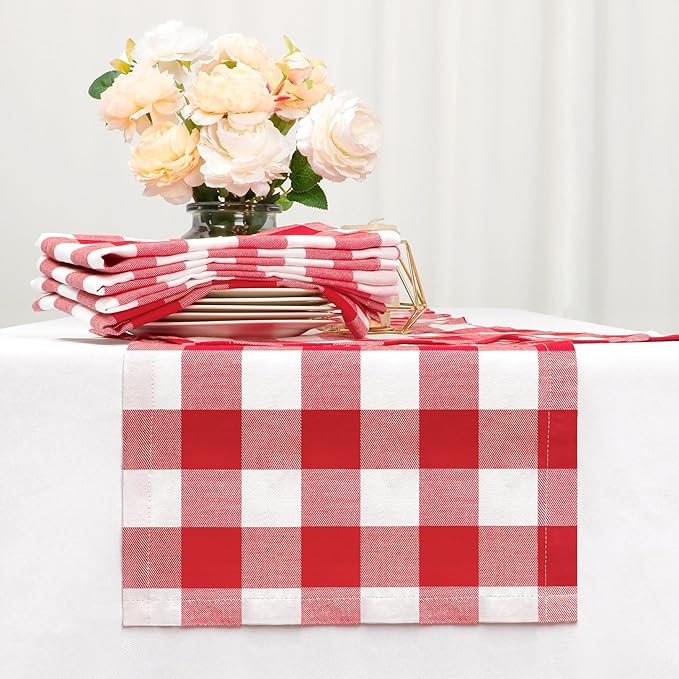 DUOBAO 4 Pack Buffalo Plaid Placemats 12x18 Inch:Checkered Table Mats for Holiday, Weddings & Farmhouse Decor (Red and White Textured Kitchen Accessories)
