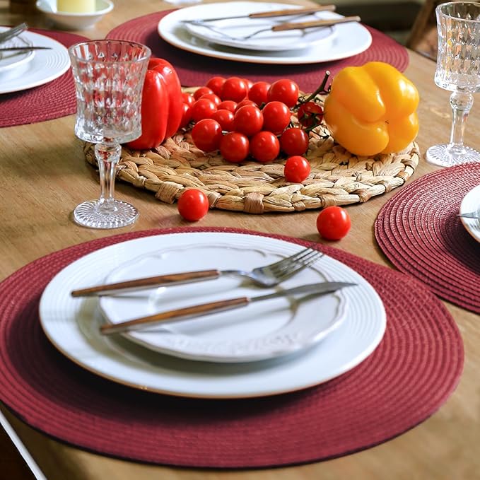 FunWheat Round Braided Placemats Set of 4 Table Mats for Dining Tables Woven Washable Non-Slip Place mats 15 inch(Wine,4pcs)