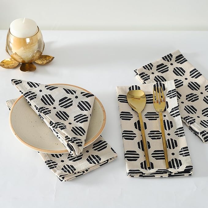 TARAN LIVING Cotton Cloth Napkins Natural Reusable Fall Dinner Napkins Reusable Machine Washable Fabric for Events, Gift, Home Decor - Black & Off White,18x18 Inches - (Pack of 12)