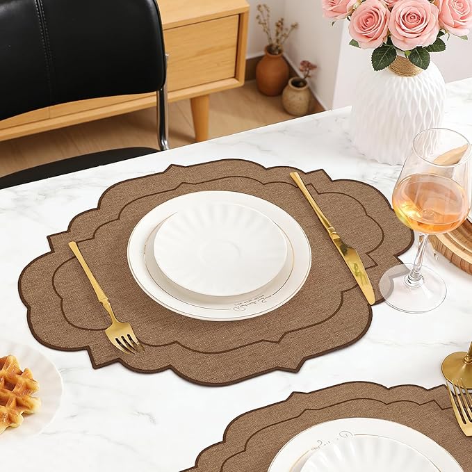 Cotton Linen Oval Placemats Set of 4, HADEEONG Table Mats Cloth Placemats, Washable Wrinkle Resistance, Scalloped & Embroidered Fabric Placemats, 17.71 x 13.77inch (Coffee, 4)
