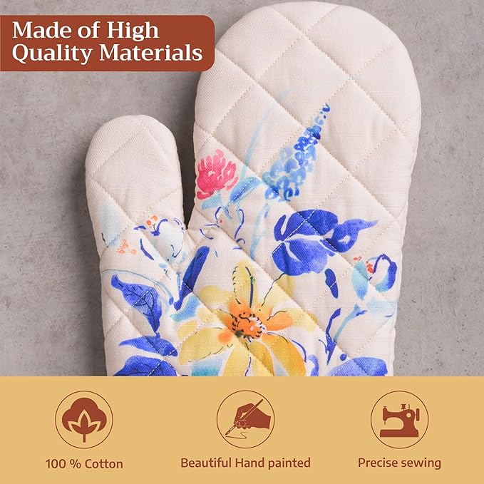 Maison d'Hermine Oven Gloves 100% Cotton Oven Mitt 7" x 13" with Loop Heat Resistant BBQ Cooking Gloves Baking Grilling Gifts for Mothers Day Spring/Summer (Pack of 1, Girassol)