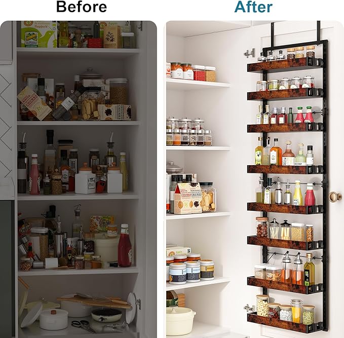 bukfen Over the Door Pantry Organizer, 8-Tier Adjustable Wooden Basket Kitchen Pantry Door Organization and Storage, 2 in 1 Wall Mount or Hanging Heavy-Duty Metal Hanging Kitchen Spice Rack, 1 Pack