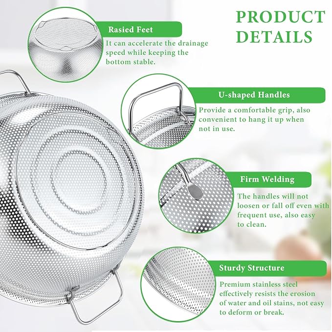 Colander Set of 3, Stainless Steel Micro-Perforated Colanders Strainers for Draining Rinsing Washing, Ideal for Pasta Vegetables Fruits, Heavy Duty & Dishwasher Safe