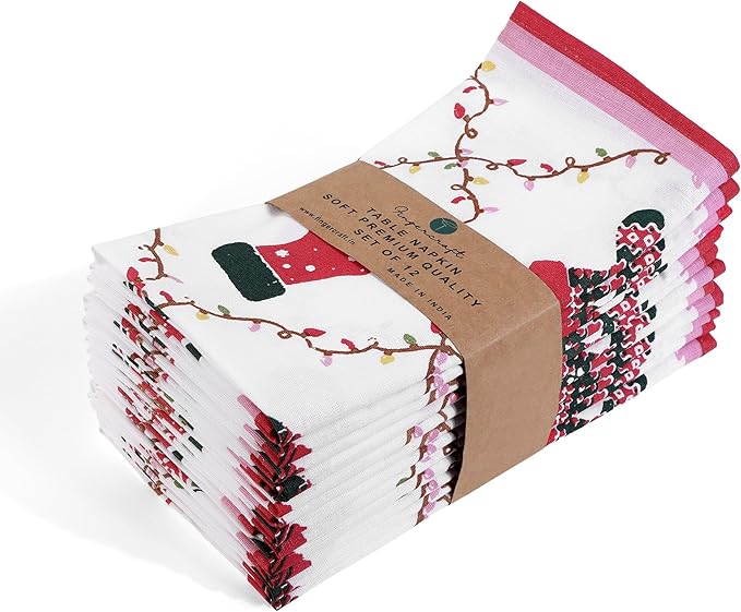 FINGERCRAFT Cloth Napkins, Set of 4 Cotton Linen Blend Printed Dinner Napkins Cloth Mitered Corner Perfect for Parties Dinners Christmas 20x20 Sugarplum