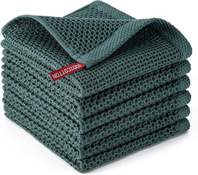BOOMIBOO 6-Pack Kitchen Dish Cloths, 100% Cotton Waffle Weave, Ultra Soft Absorbent, Quick Drying Dish Towels, 12x12 Inches,Blackish Green