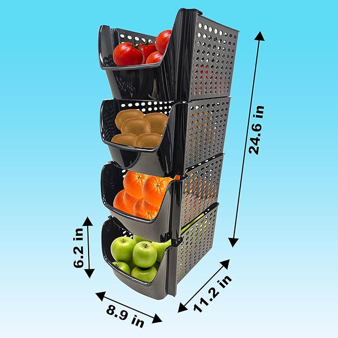 Skywin TidyFriend Plastic Stackable Storage Bins for Pantry -4 Pack Stackable Bins For Organizing Food, Kitchen, and Bathroom Essentials (Black)