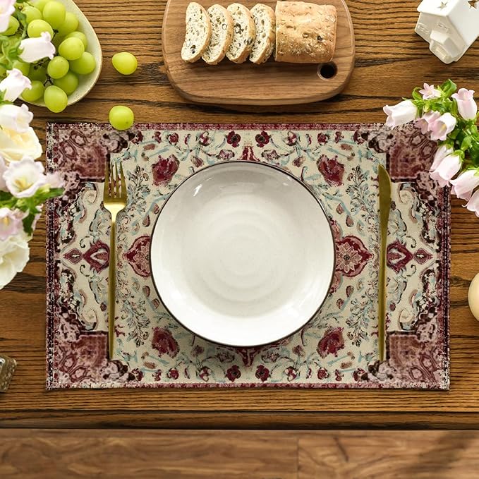 Artoid Mode Boho Bohemia Style Red Beige Placemats Set of 4, 12x18 Inch Country Rustic Farmhouse Magical Fall Table Mats for Party Kitchen Dining Decoration