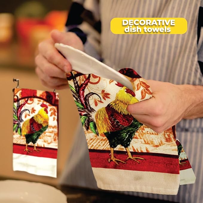 Lobyn Value Packs: Decorative & Functional Rustic Rooster Kitchen Set – 5 Piece Kitchen Towel Set with 2 Decorative Dish Towels (25 X15), 1 Oven Mitt (11 X 7) and 2 Potholders (6.5 X 6.5)