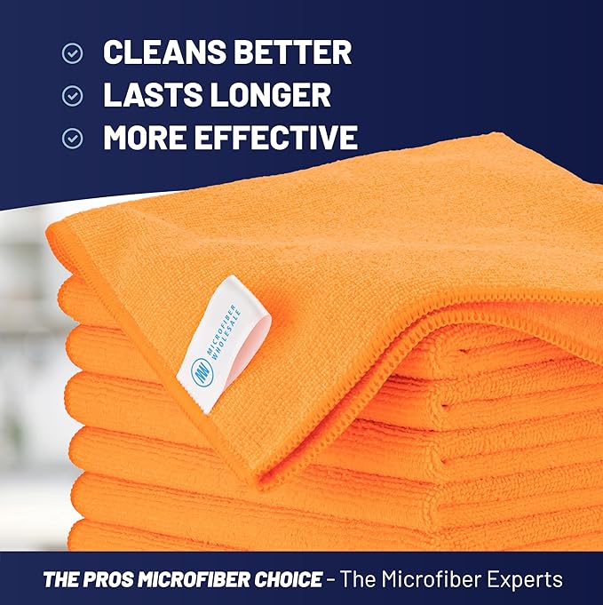 MW PRO Microfiber Cleaning Cloths Orange (12 Pack, 12x12) - Commercial Janitorial Towels & Lint Free Rags - Heavy Duty for Auto Detailing, Glass Windows, Housekeeping & Screens - Washable 300+ Times