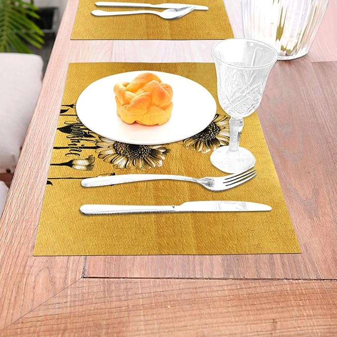 Sunflower Placemats Set of 4, Summer Table Mats for Dining Table, Heat Resistant Washable Linen Gold Place Mats for Kitchen Party Home Farmhouse Decor 12x18 Inch