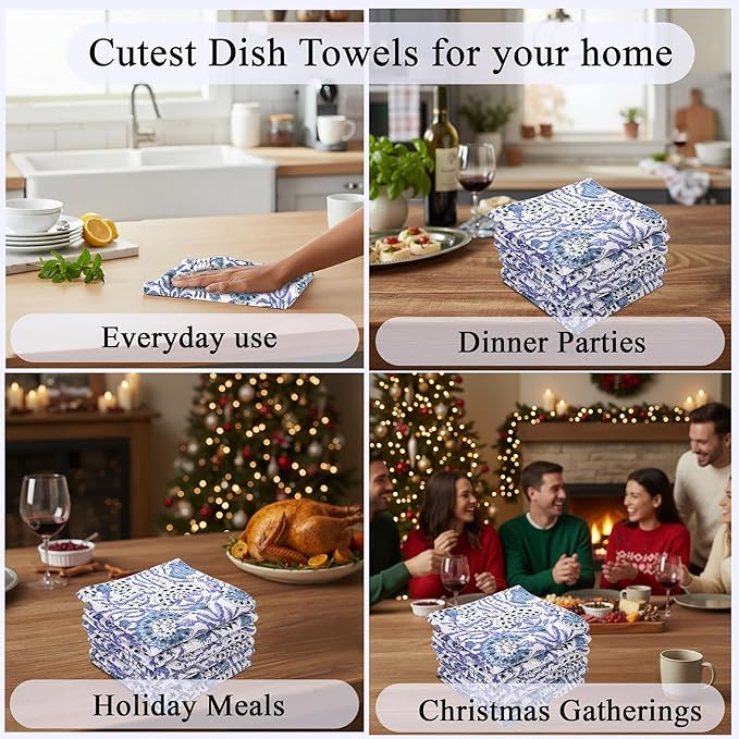 CPC Indigo Blue Hand Block Printed Cotton Waffle Dish Cloth Set of 6-12x12 Inch Super Absorbent, Soft, Reusable Kitchen Towels for Dish Drying & Cleaning Ideal for Spring, Mother's Day