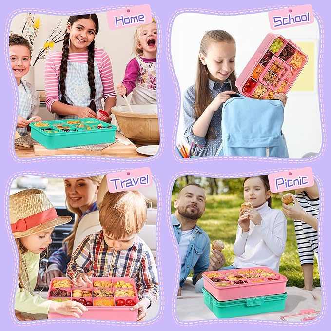 Xyptorix Snack Box Container for Kids - Adjustable 12-Compartment Snack Containers, Reusable Bento Box, Dishwasher Safe, BPA-Free, Perfect for School, Travel, Camping & Picnic, Pink & Green, Large