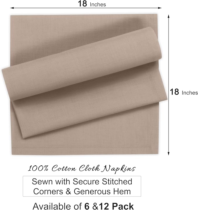 Ruvanti Cloth Napkins Set of 6, 100% Cotton High GSM 18x18 Inches Soft, Washable, Highly Durable & Absorbent, Perfect for Parties, Christmas, Thanksgiving Dinners – Light Taupe