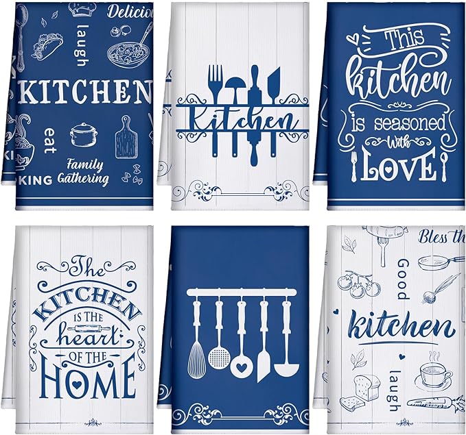Bencailor 6 Pcs Blue White Kitchen Towels Decorative Sets Dish Towels Absorbent Fast Drying Hand Tea Vintage Hanging Reusable Cleaning Dishcloths for Cooking Farmhouse Bathroom Accessory