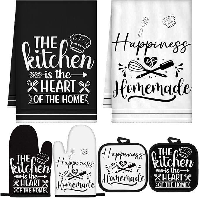 Sratte 6 Pcs Kitchen Decor Accessories Set Farmhouse Towels Pot Holders Oven Mitts Set 2 Dish Towels 2 Potholders 2 Cooking Mittens Oven Glove for Christmas Baking Cooking Supply(White,Kitchen)