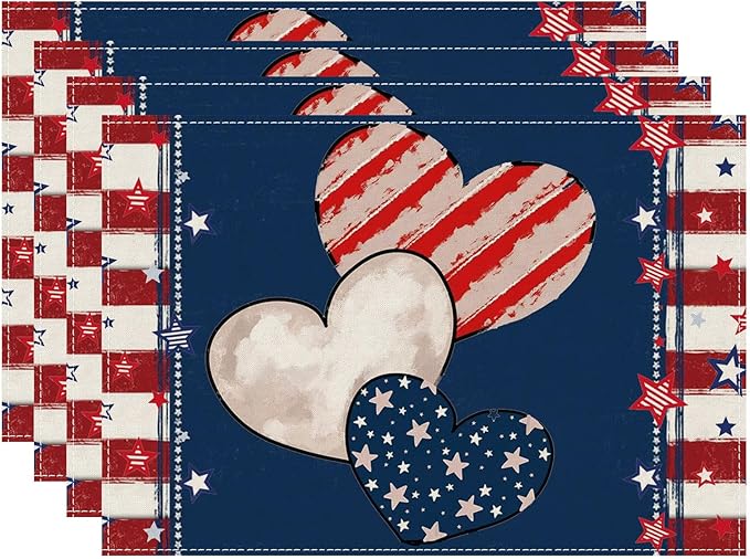 Heart Stripe Stars 4th of July Placemats Set of 4 12x18 Inch Patriotic America Memorial Day Independence Day Table Decorations Cloth Table Mats
