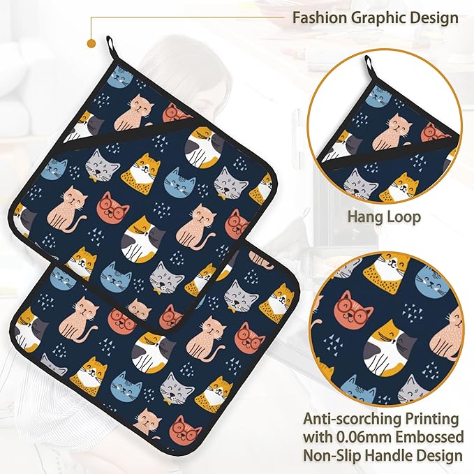 Cute Cat Pot Holder Set of 2,Heat Resistant Potholders Oven Hot Pads for Kitchen Cooking Baking BBQ