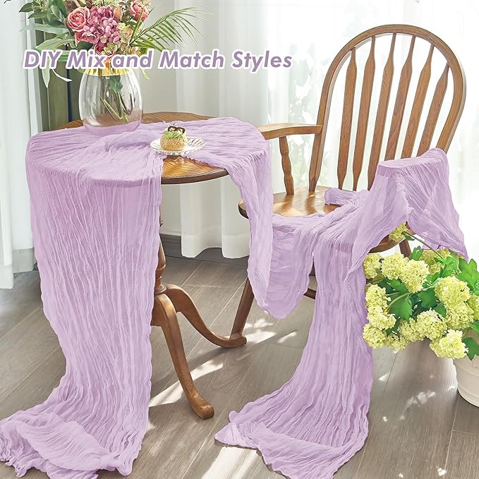 IVAPUPU 4 Pcs Cheesecloth Table Runner - 10ft Lilac Purple Lavender Boho Gauze Cheese Cloth Table Runners for Baby Shower Decorations Wedding Party Summer Garden Decor