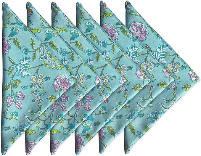 Craftbot Soft Washable Thin Cotton Dinner Napkins 18x18 inches - Set of 6 - Everyday Use or Dinner Party and Events - Sea Green and Turquoise and Yellow Floral Lightweight Indian Block Print Fabric