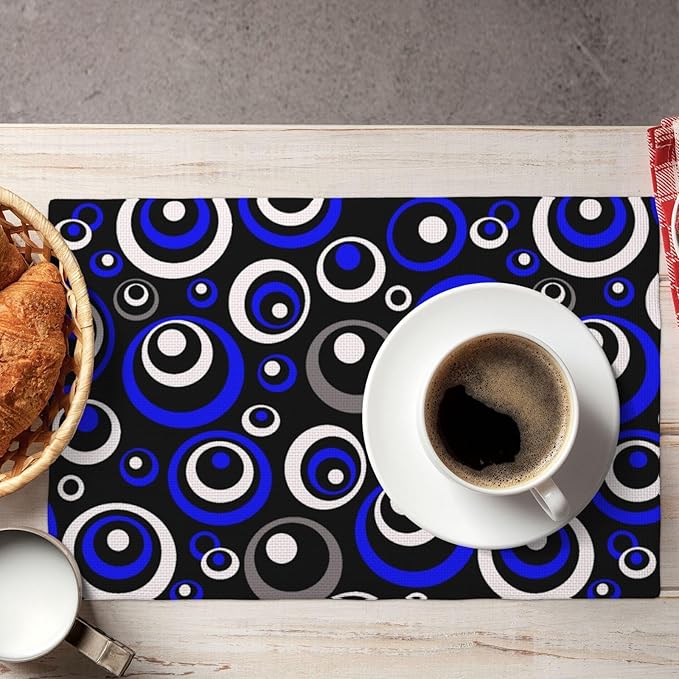 Blue Black Geometric Circle Linen Placemats Set of 4, Washable Heat Resistant Table Mats for Dining Table Kitchen, Tech - Themed Party Wedding Outdoor Holiday, Modern Home Decor, 12" x 18" Place Mats