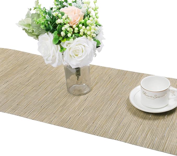 SHACOS 12x54 inch Woven Vinyl Table Runner Wipe Clean Reversible Weave Table Centerpiece Runners for Kitchen Dining Washable PVC Coffee Table Runner Indoor Outdoor, Bamboo Tan