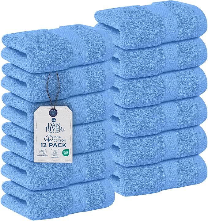 DAN RIVER 12-Pack Premium 100% Cotton Medium Blue Face Towels for Bathroom - Reusable Face Wash Cloths for Showering 12x12 Inches - 550 GSM Super Soft & Absorbent Luxury WashCloths for Body, Spa & Gym