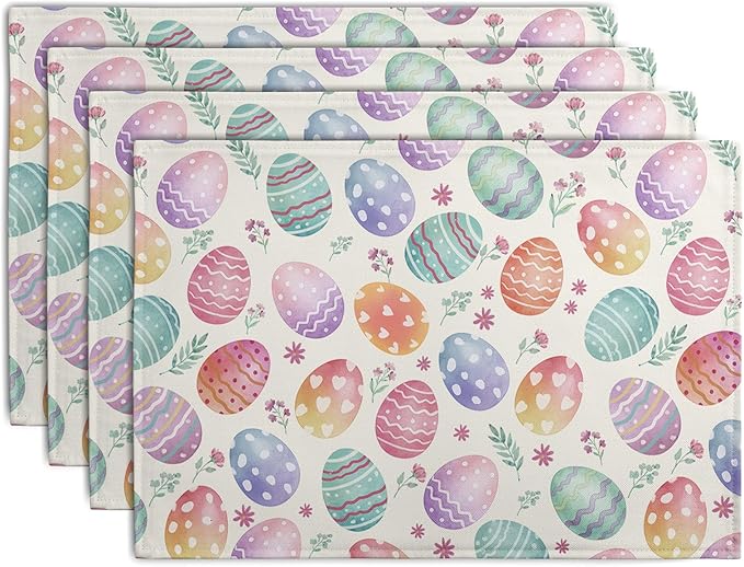 Easter Placemats Set of 4 Watercolor Colorful Eggs Floral Table Mats 12x18 Inch Spring Washable Heat Resistant Linen Fabric Place Mat for Indoor Outdoor Kitchen Dining Home
