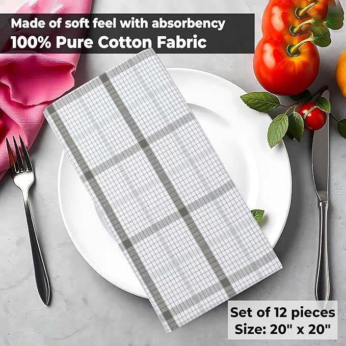 Urban Villa Cloth Napkins 100% Cotton Dinner Napkins Highly Absorbent 20x20 Inches (Set of 12) Tiny Checks Reusable Washable Soft Durable Premium Napkins Ideal for Home Wedding Parties