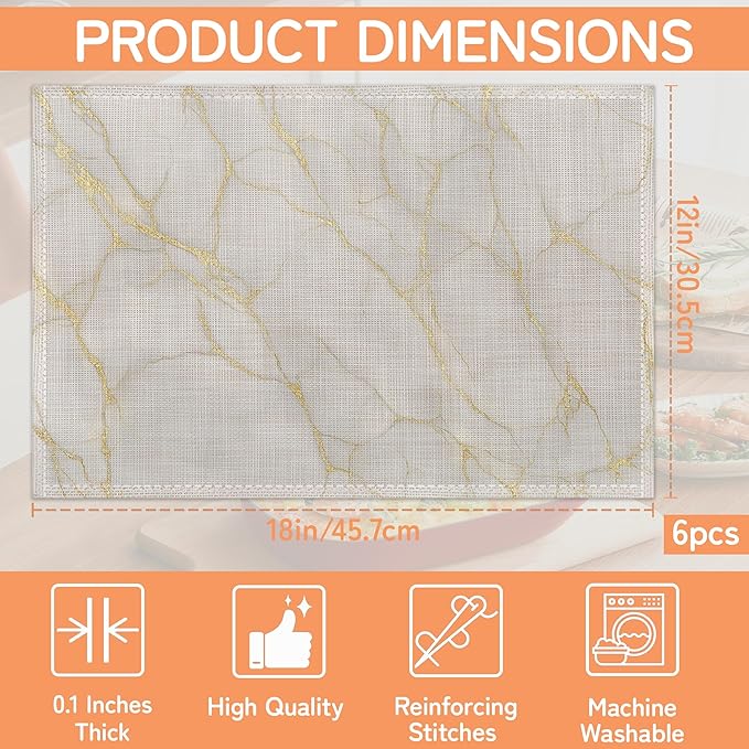 Marble Placemat Set of 6,White Gold Flowing Marble Heat Resistant Linen Table Mats for Indoor Outdoor Home Kitchen Dining Room Table 12x18Inch