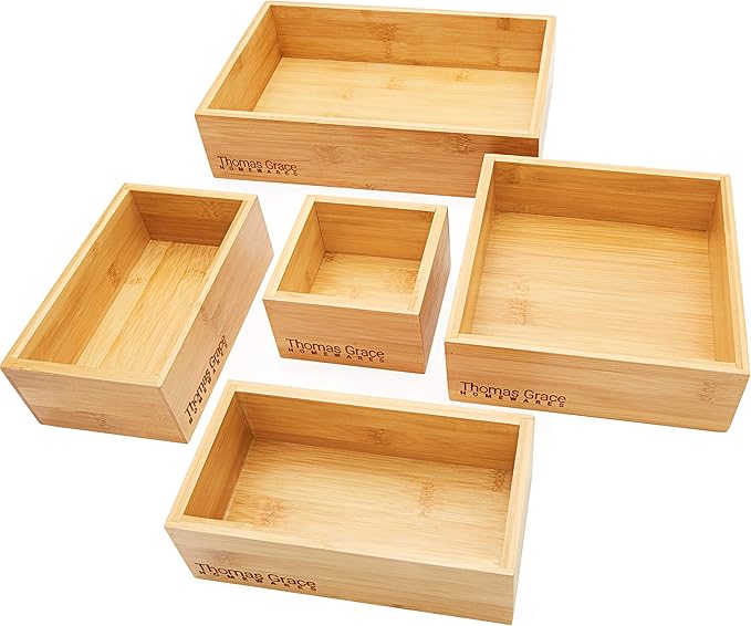 Bamboo Drawer Organizer and Storage Set, Multi-use Set of 5 Storage Trays, Wood Boxes of various sizes for Office Desk or homework, Kitchen, Bathroom Jewelry, Cosmetic Make up, Baby Bedroom, Junk.
