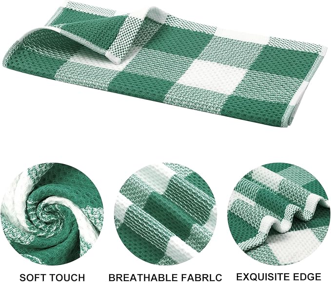 Mordimy 100% Cotton Waffle Weave Kitchen Towels, 13 x 28 Inches, Super Soft and Absorbent Buffalo Check Dish Towels for Drying Dishes, 4-Pack, White & Dark Green