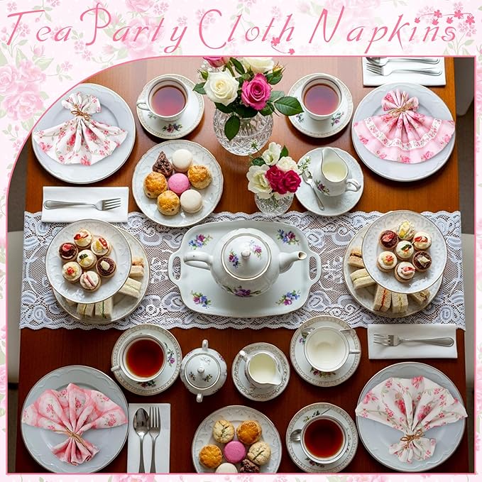 12 Pcs Floral Cloth Napkins 6 Patterns Washable Dinner Tea Party Napkins Reusable Plant Flowers Square Napkin Cotton Towel Decorative for Spring Wildflower Party (Pink Flowers)
