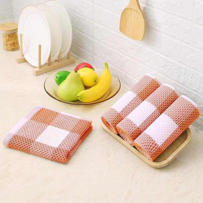 Homaxy Kitchen Towels and Dishcloths Set, 12 x 12 and 13 x 28 Inches, Set of 8 100% Cotton Waffle Weave Check Plaid Kitchen Dish Towels, Super Soft and Absorbent Dish Cloths, White & Orange