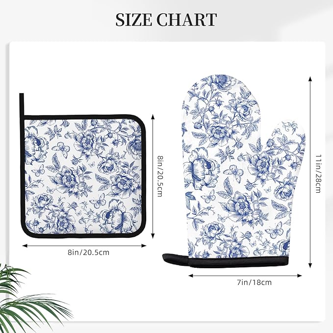 Floral Oven Mitts and Pot Holders Sets of 3, Blue Floral Silicone Oven Mitts Birthday for Flower Lover Kitchen Decor, Botanical Print Heat Resistant Non-Slip Oven Gloves for Mom Wife Sister BFF
