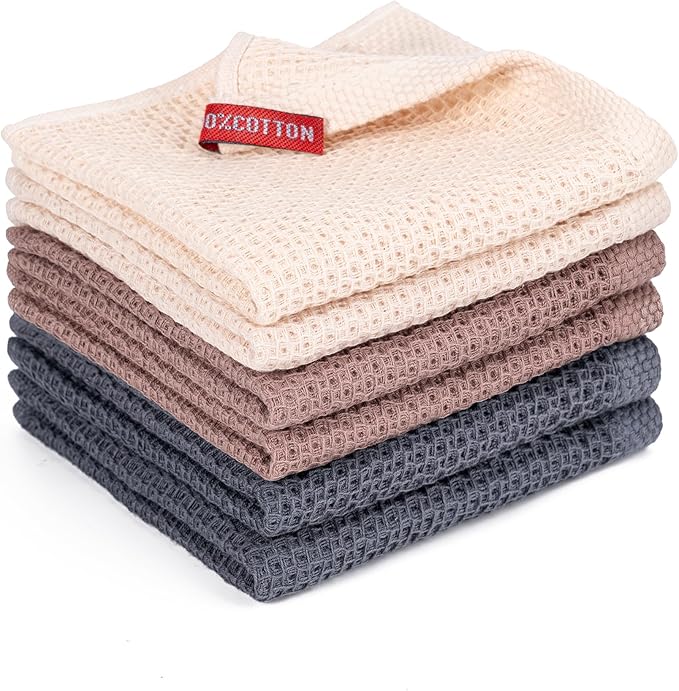 BOOMIBOO 6-Pack Kitchen Dish Cloths, 100% Cotton Waffle Weave, Ultra Soft Absorbent, Quick Drying Dish Towels, 12x12 Inches,Multi Color